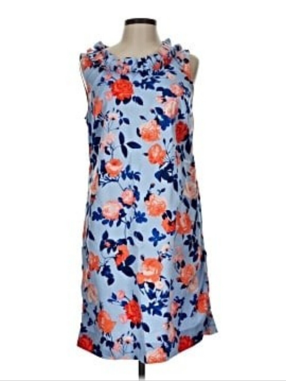 TALBOTS Sleeveless Floral Ruffle-Neck Dress in Light Blue & Coral PERFECT SHAPE